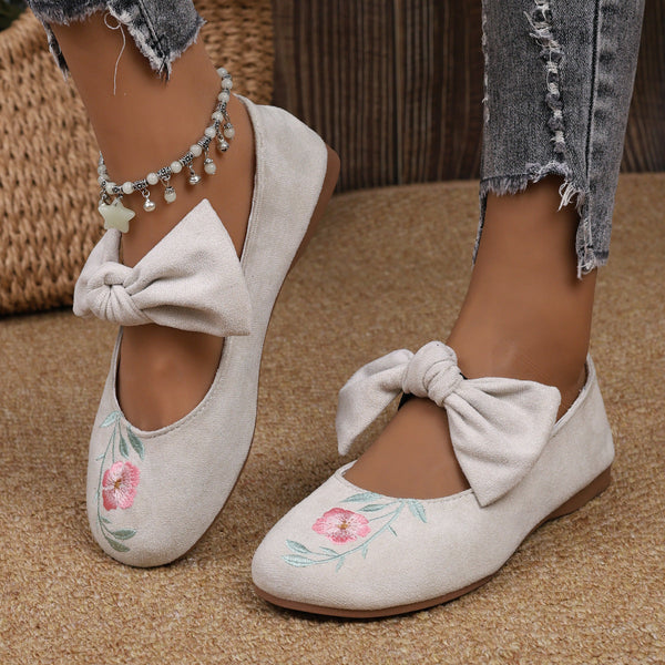 New Embroidered Bow Flat Mary Jane Shoes