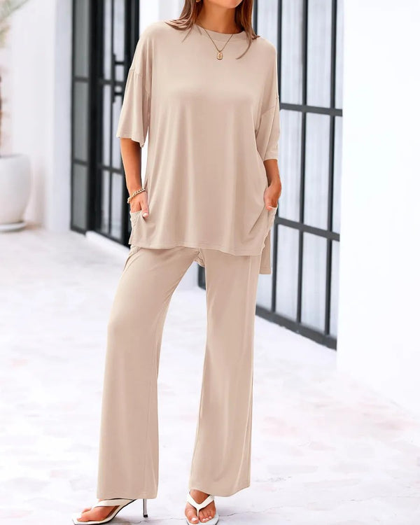 Casual 2-Piece Loose-Fit Short Sleeve Top & Wide-Leg Pants Set with Pockets